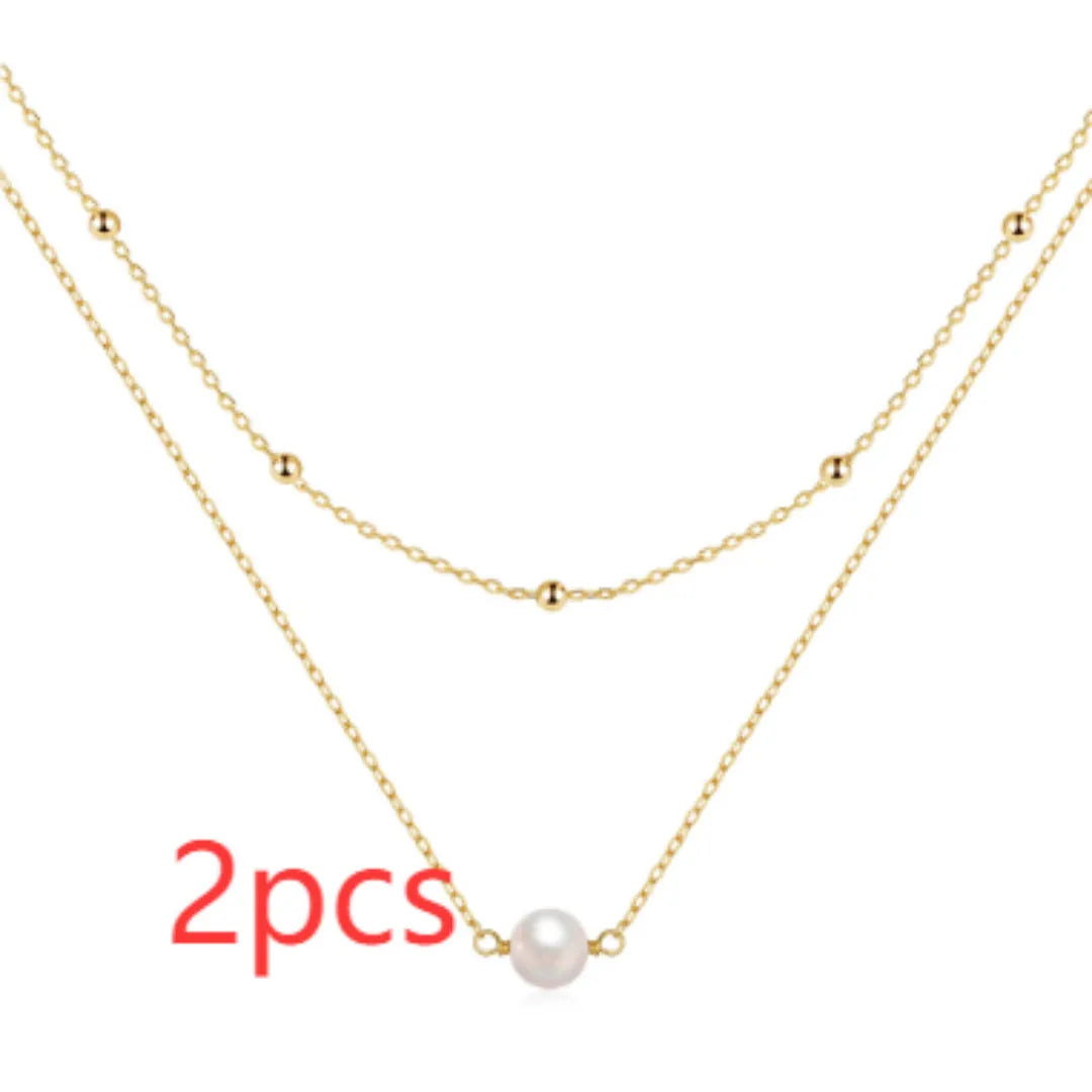 S925 sterling silver double layer pearl necklace with ball bead chain in gold finish