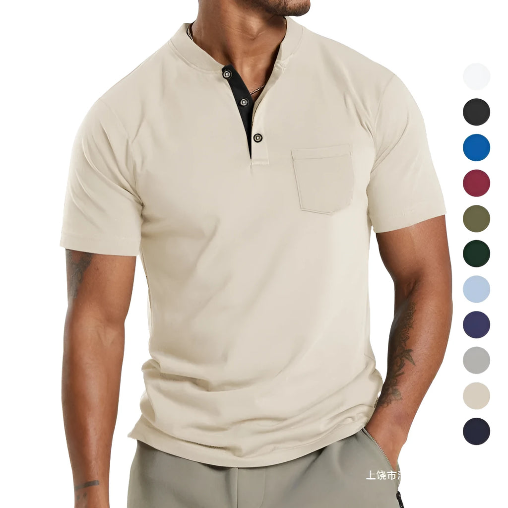 A man wearing a solid-colour plus size short sleeve button-up shirt with a chest pocket.