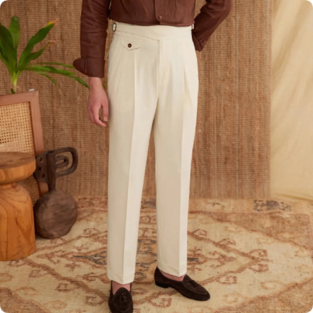Men's slim fit straight leg trousers in dark grey, light brown, and light apricot