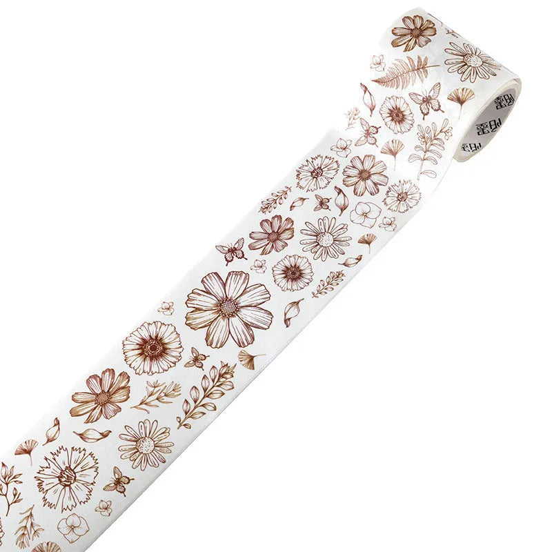 Roll of vintage floral watercolour decorative paper tape with Japanese paper backing, showing 2m length.