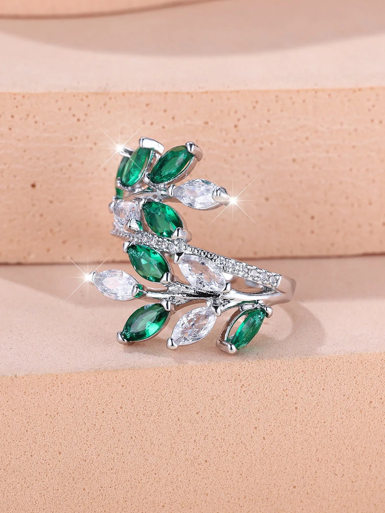 Adjustable copper leaf ring with horse eye zircon stone in multiple colour options