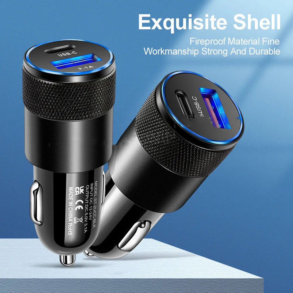 Aluminium alloy mobile phone car charger showing black finish with 12V input