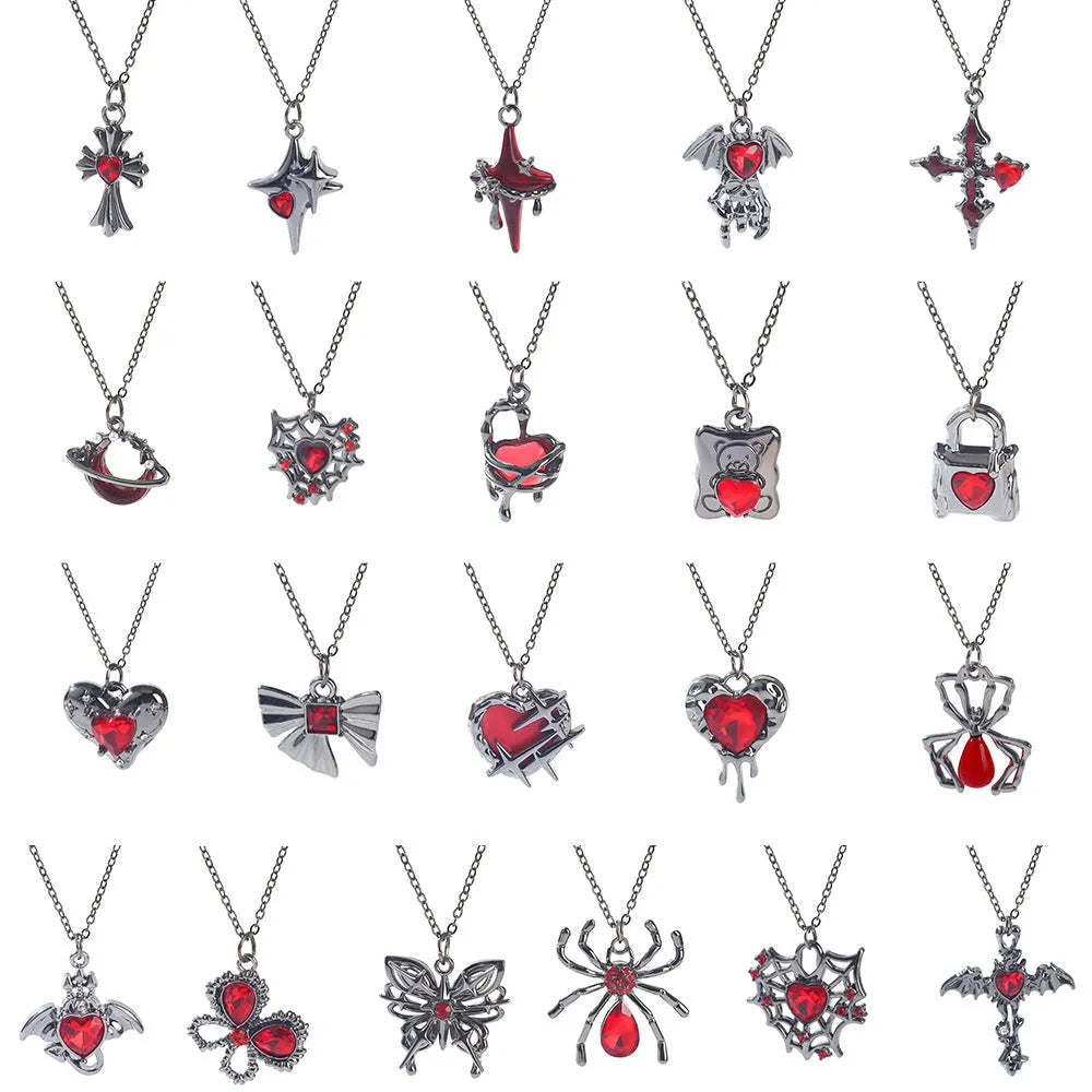 Dark style Halloween necklace for women with a choice of alloy bat, spider, or cross pendants on a chain.