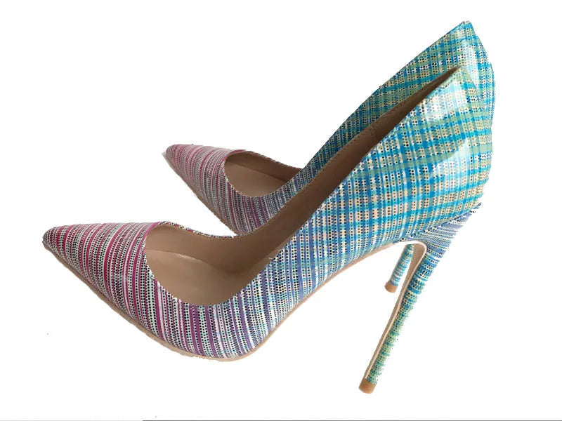Ladies high heel shoes with a pink to blue gradient colour, pointed toe, and a tall thin heel.