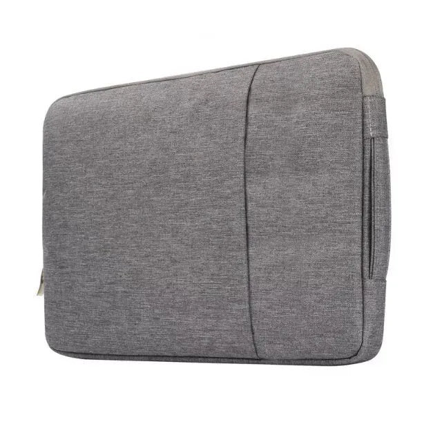Grey canvas tablet case handbag open to show interior for a 12.9-inch device.