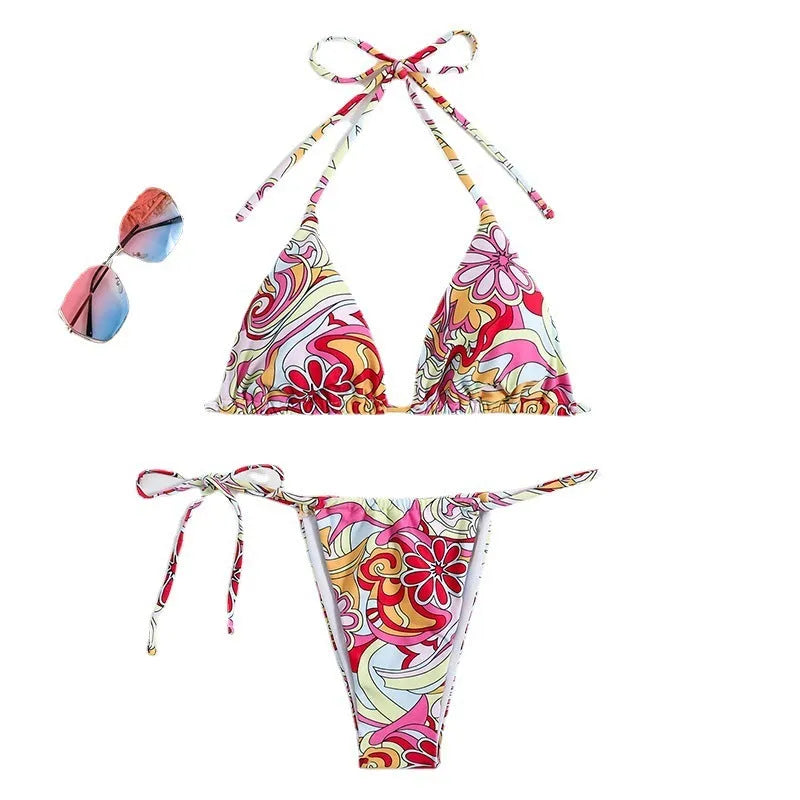 Women's triangle print halter neck bikini set with separate bandeau top in multicolour geometric design