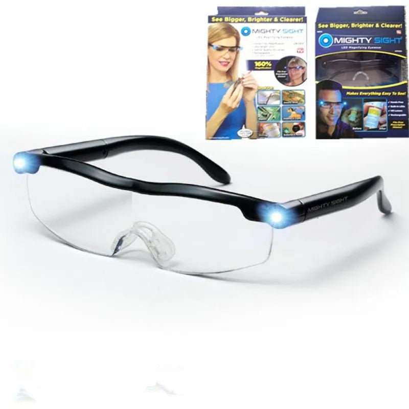 Transparent black USB LED light reading glasses on a desk