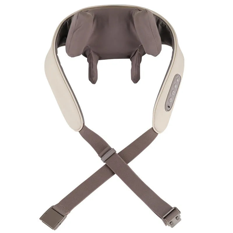Milky white rechargeable shoulder and neck kneading massager with infrared function.