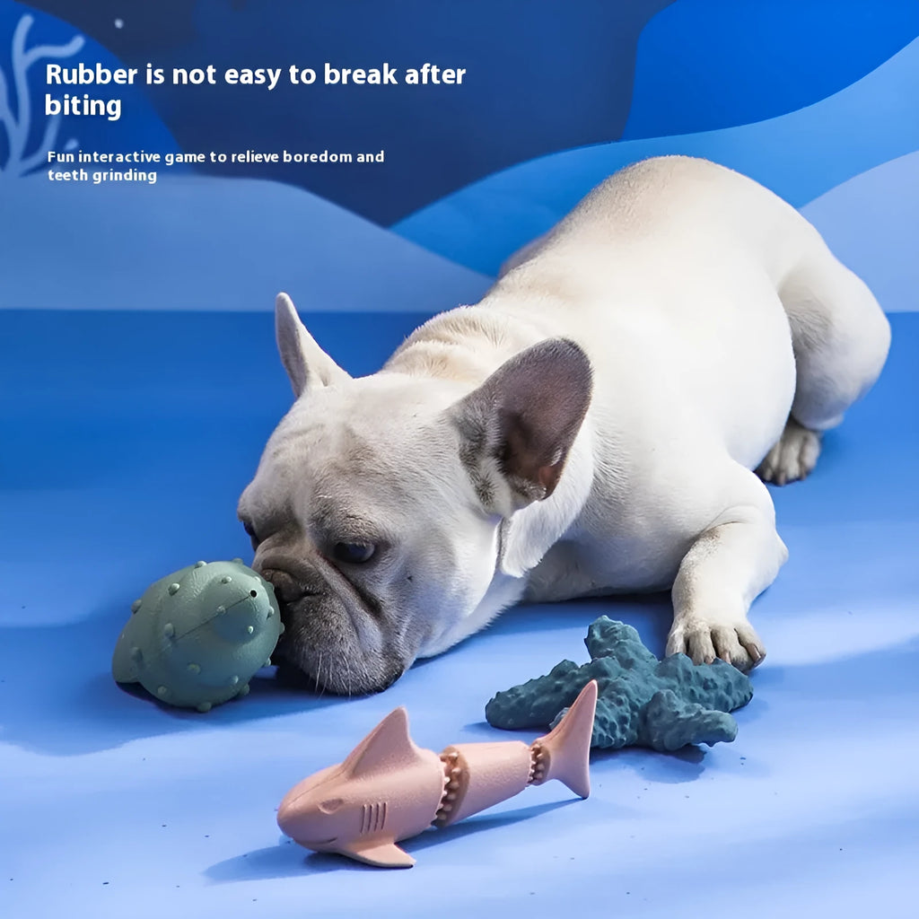 Blue rubber shark-shaped dog chew toy for large dogs