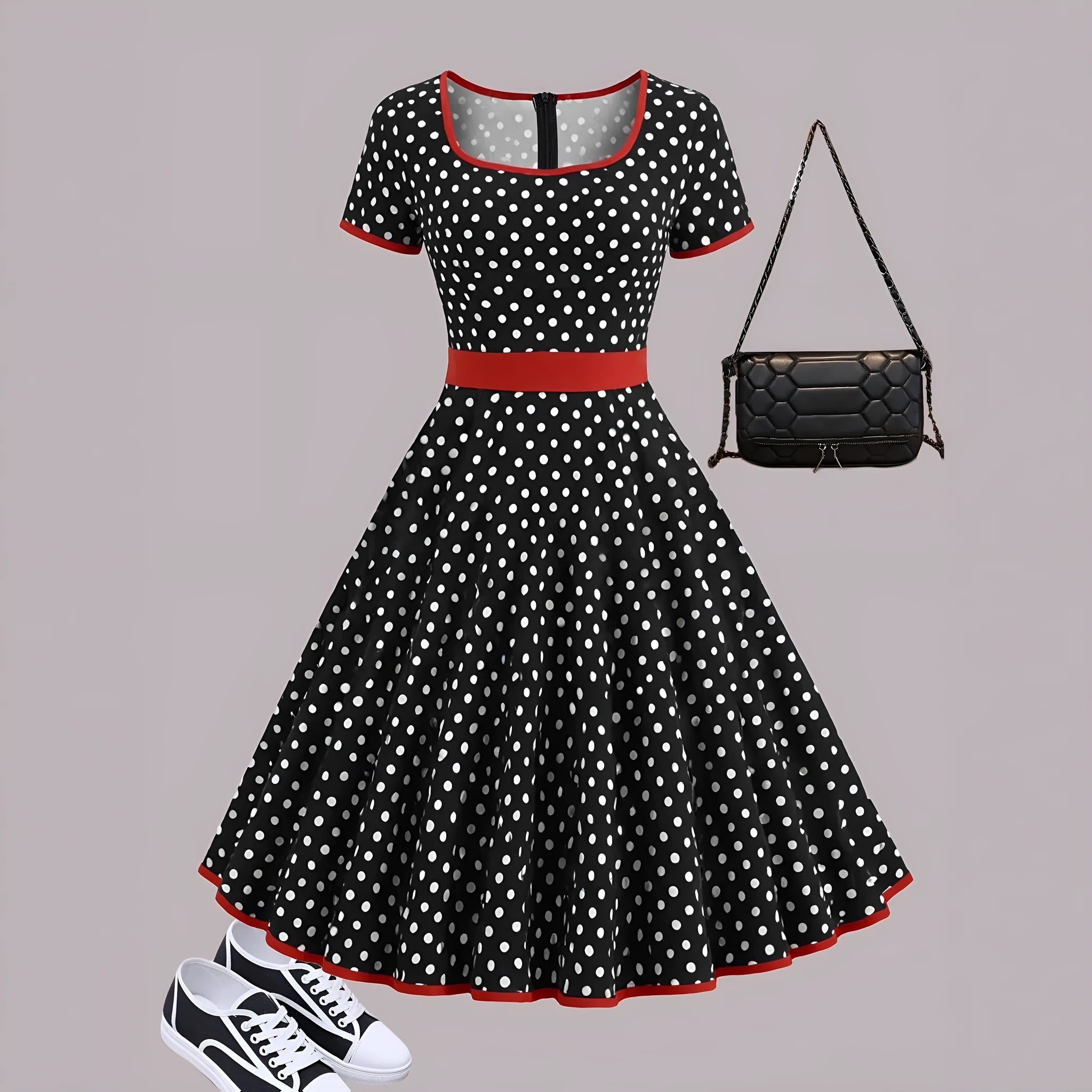 Multicolor polka dot dress with square collar and pleated midi skirt