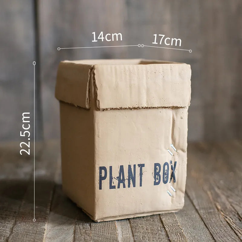 Cement brown paper box style flowerpot with bottom drainage hole for indoor balcony gardening