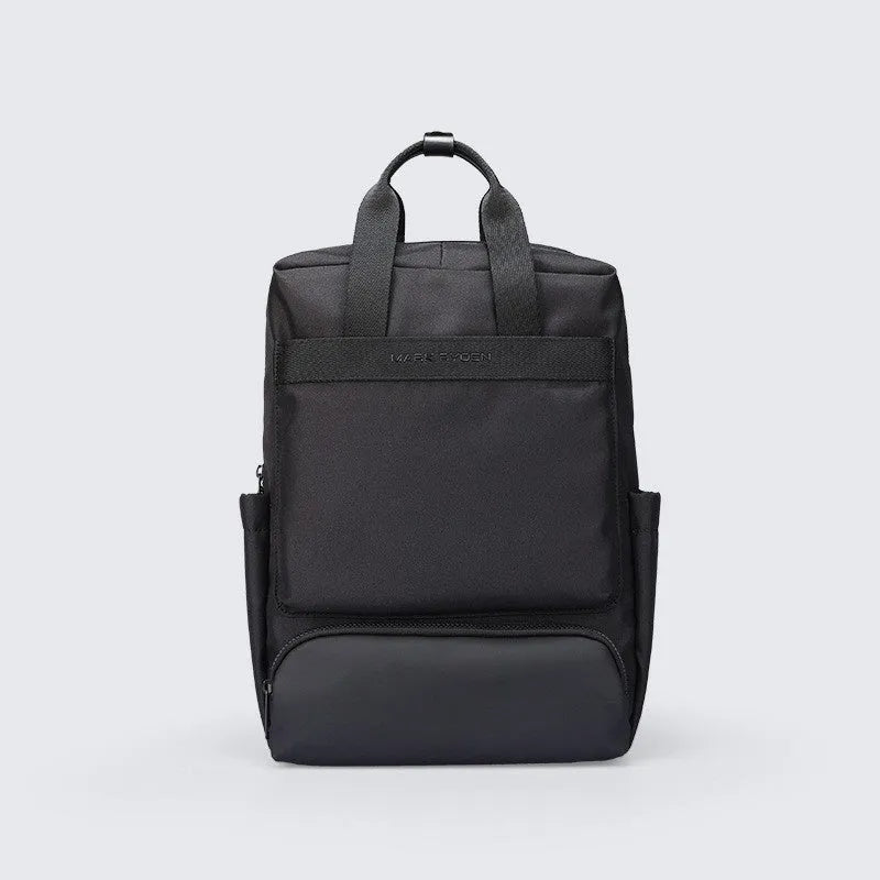 Front view of lightweight black Oxford cloth computer backpack with 20-35L capacity