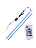 Universal LED daytime running light with remote control for General Motors cars, shown in RGB colours.