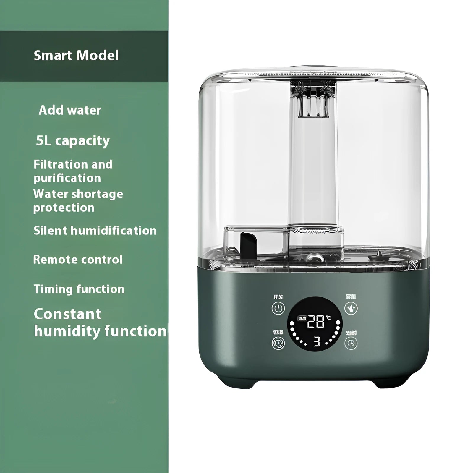 Green large capacity intelligent humidifier with touch screen and remote control for home use