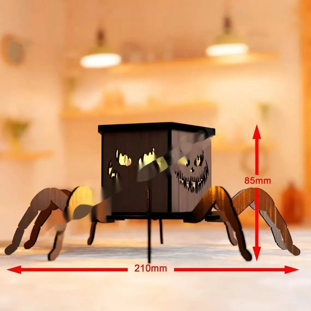 Wooden Halloween spider mini lantern candlestick decoration measuring 21x8.5cm