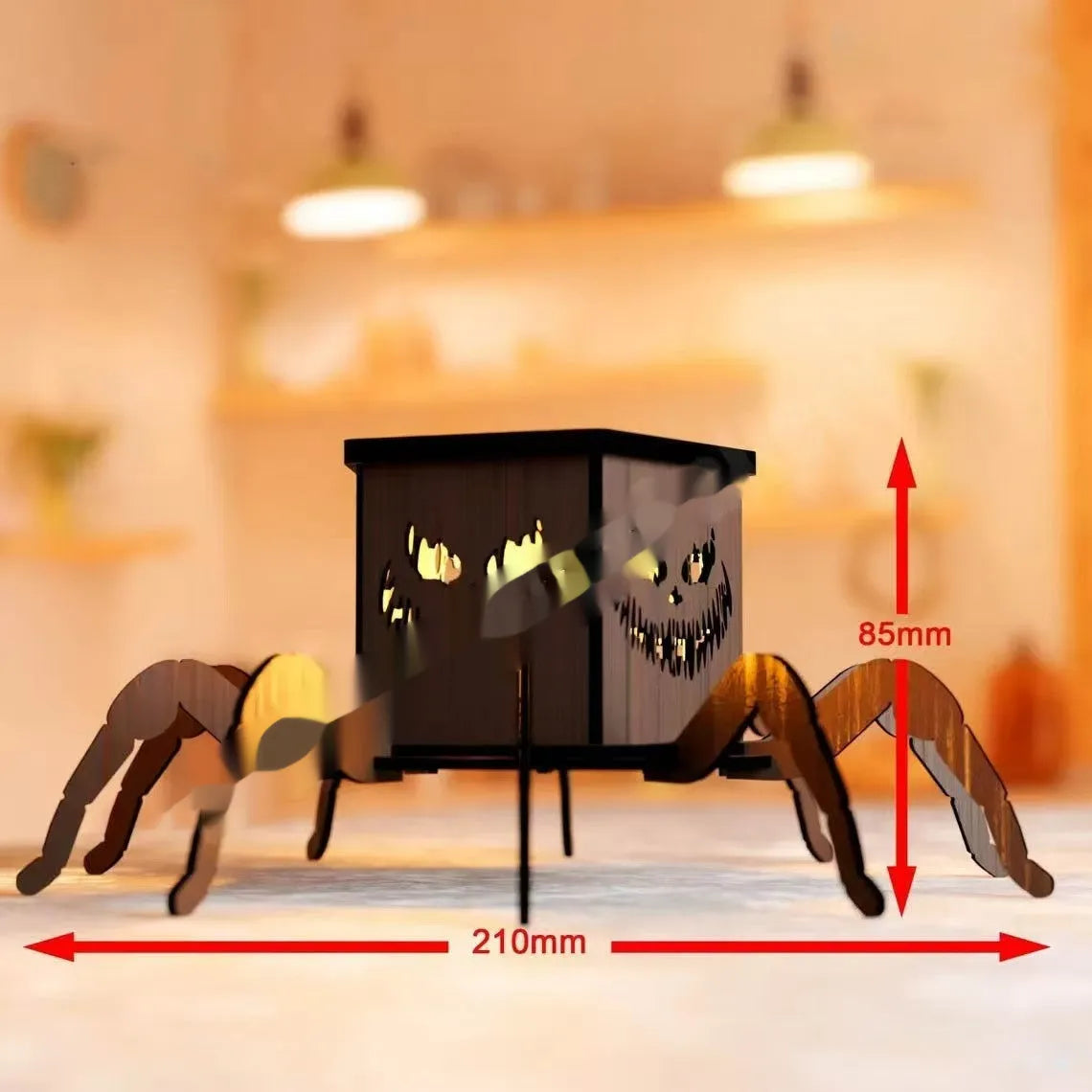 Wooden Halloween spider mini lantern candlestick decoration measuring 21x8.5cm