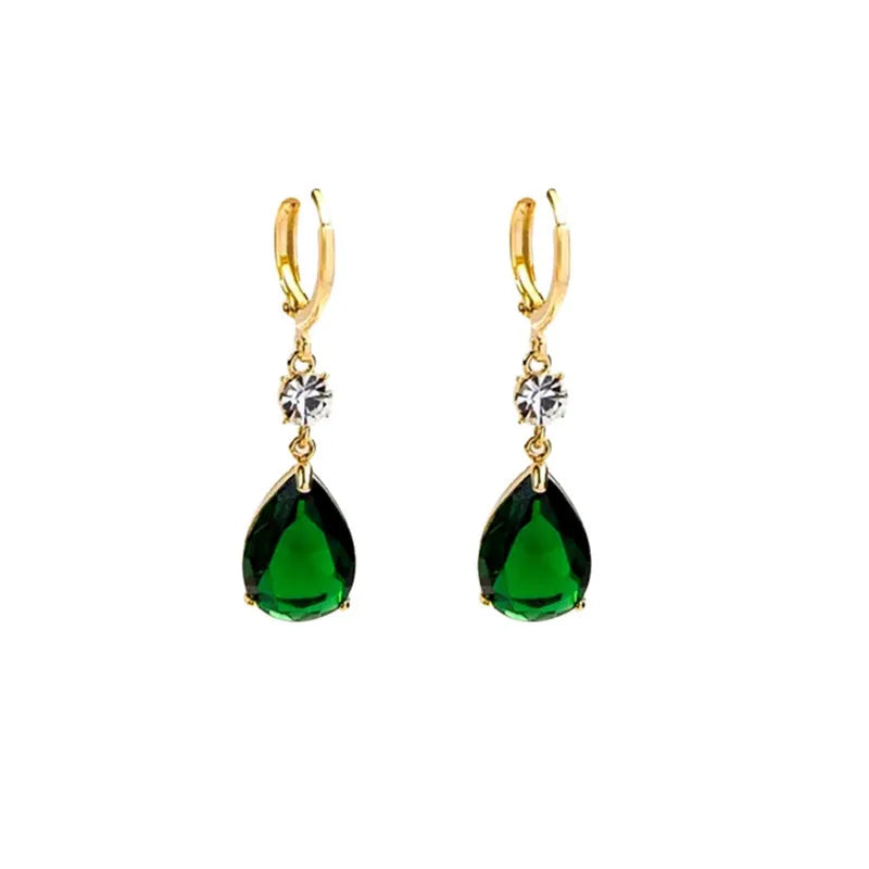 Geometric green alloy teardrop drop earrings with emerald colour and lightweight construction