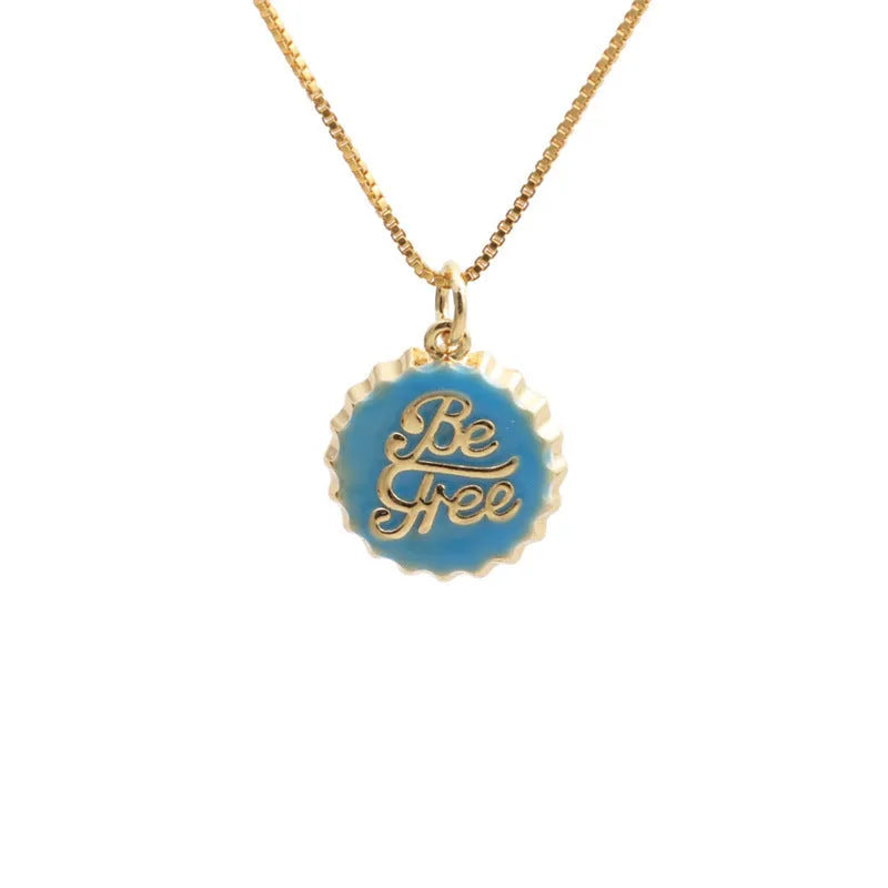 Copper bottle cap pendant necklace with 18K gold electroplating on a 40cm box chain.