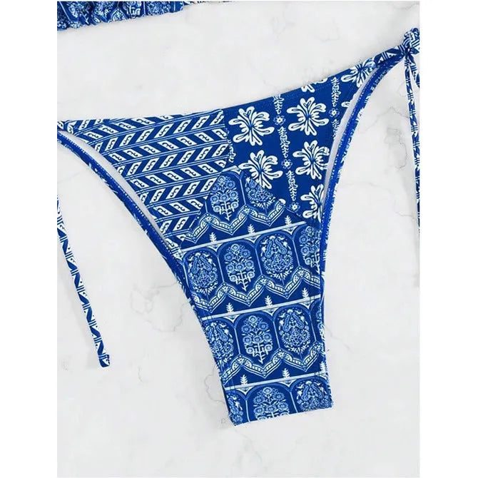 Women's split bandage bikini swimsuit with printed stitching details in various colours