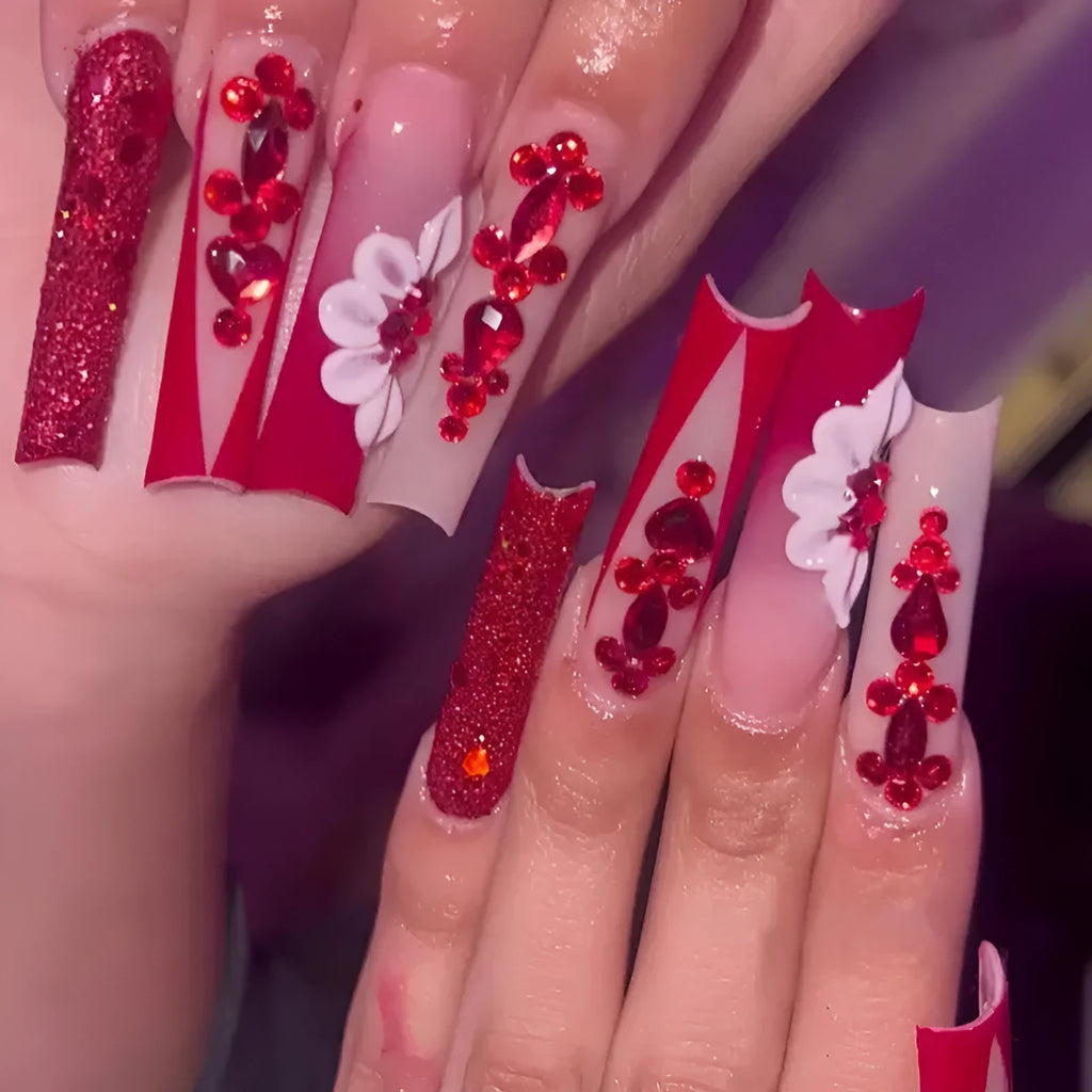 Fake nails with floral pattern and red diamond decoration in long European square style