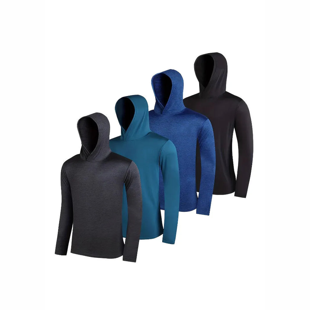 Four men's lightweight hoodies folded, showing elastic polyester fabric and available colour options.