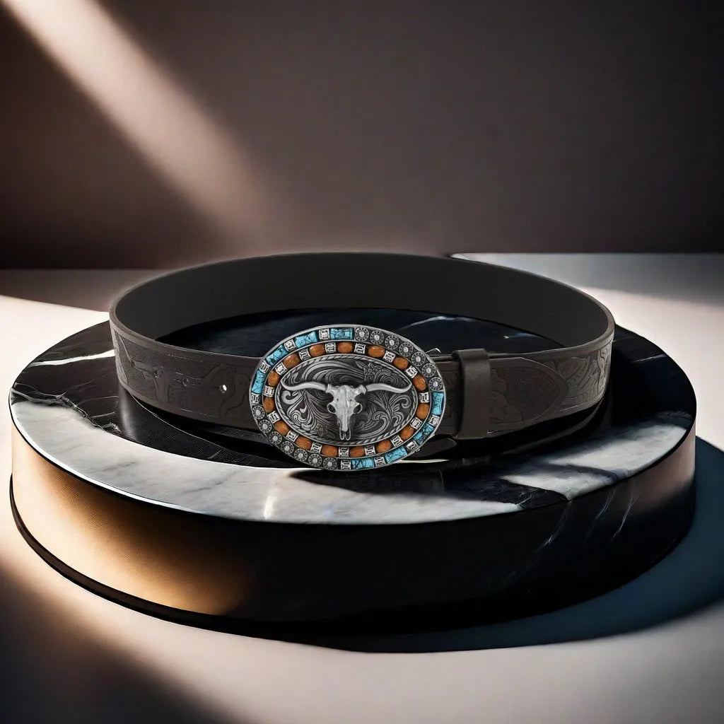 Men's brown belt with detailed cow head alloy buckle and imitation leather strap showing pin buckle closure