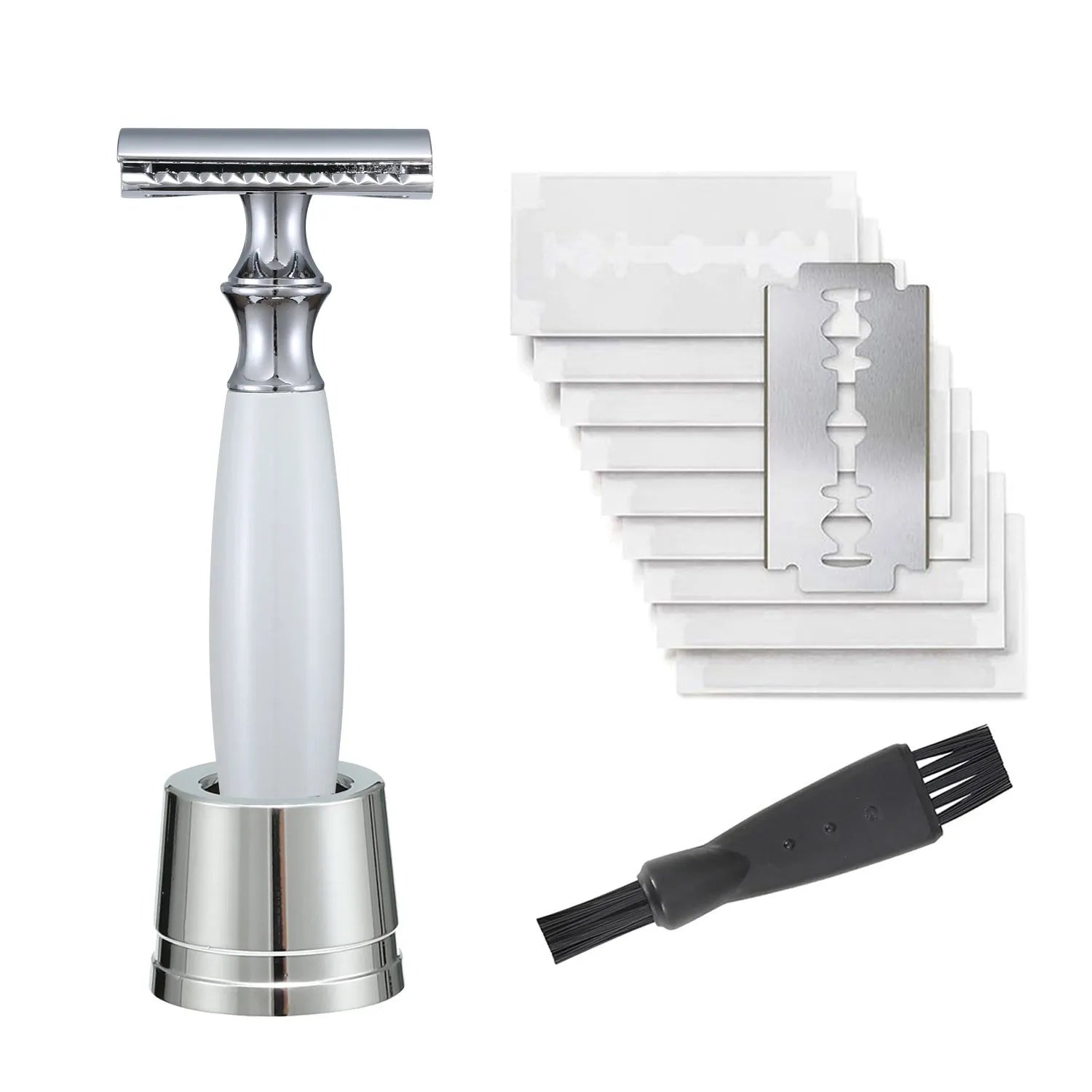 Copper safety razor with olive wood handle next to aluminium alloy blade holder and blades