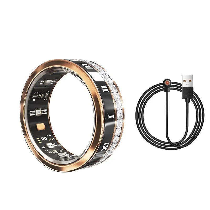 Diamond-inlaid smart ring in gold and silver colours showing health monitoring technology