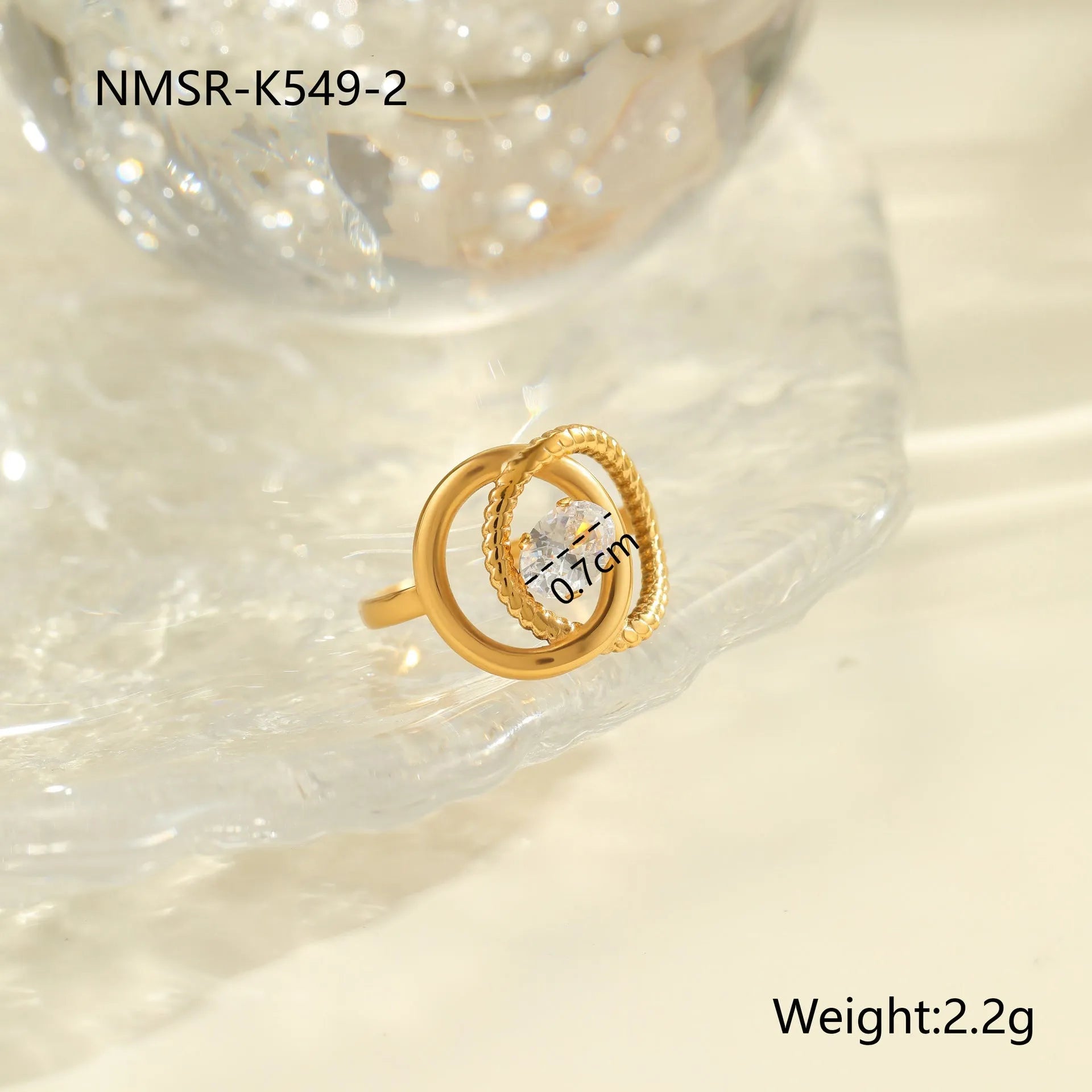 Gold electroplated stainless steel ring with zircon geometric design and open mouth adjustable fit