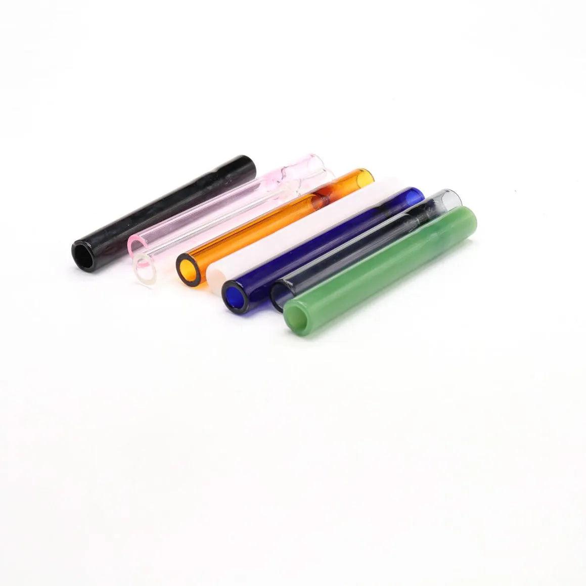 Straight transparent glass telescopic smoke pipe nozzle on a plain background.