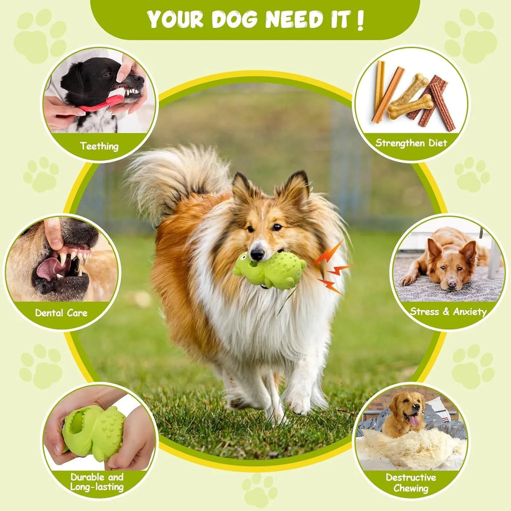 Green and yellow thick natural rubber dog toy with squeaker for large breed aggressive chewers.