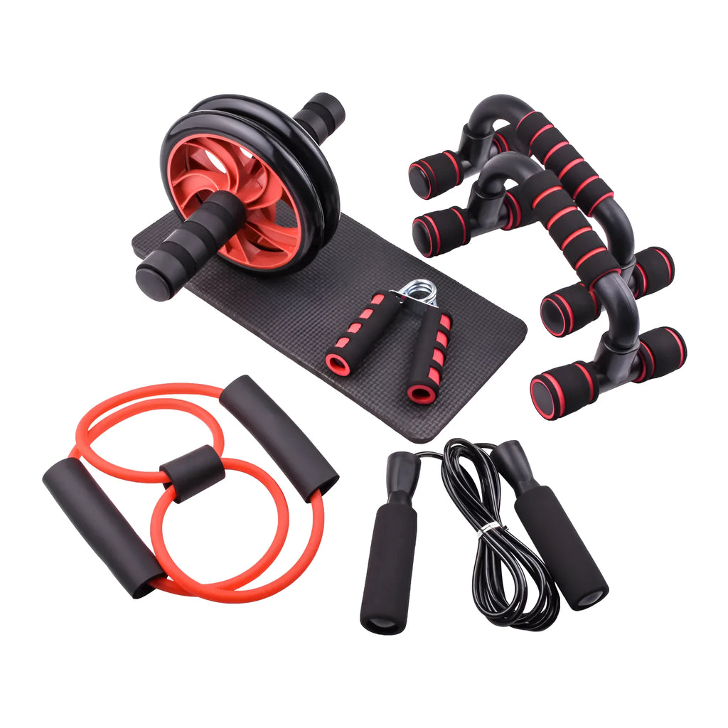 Red push-up bracket with abdominal wheel for indoor fitness training and core exercises.