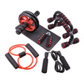 Red push-up bracket with abdominal wheel for indoor fitness training and core exercises.