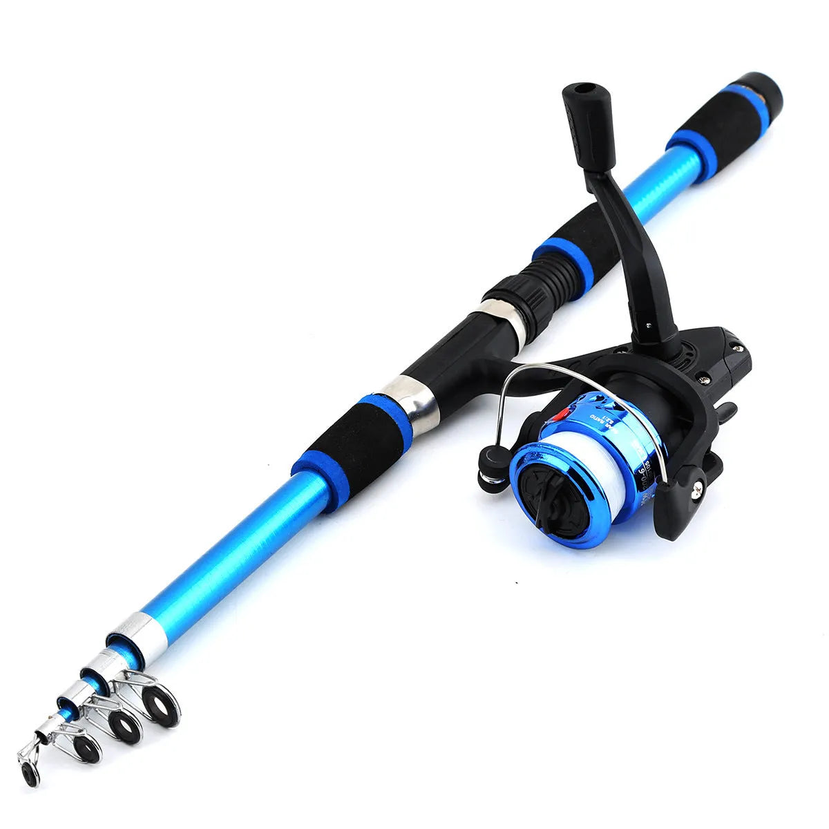 Children's beginner fishing rod set with pole and wheel in blue, green, red, or yellow colour options