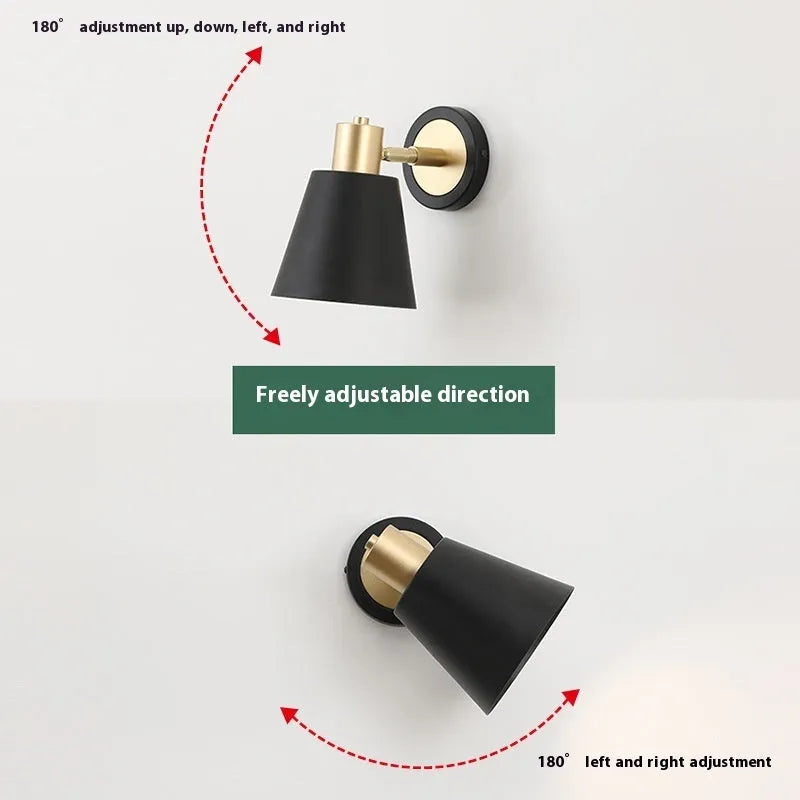 Nordic style iron wall lamp mounted beside bed with LED light illumination