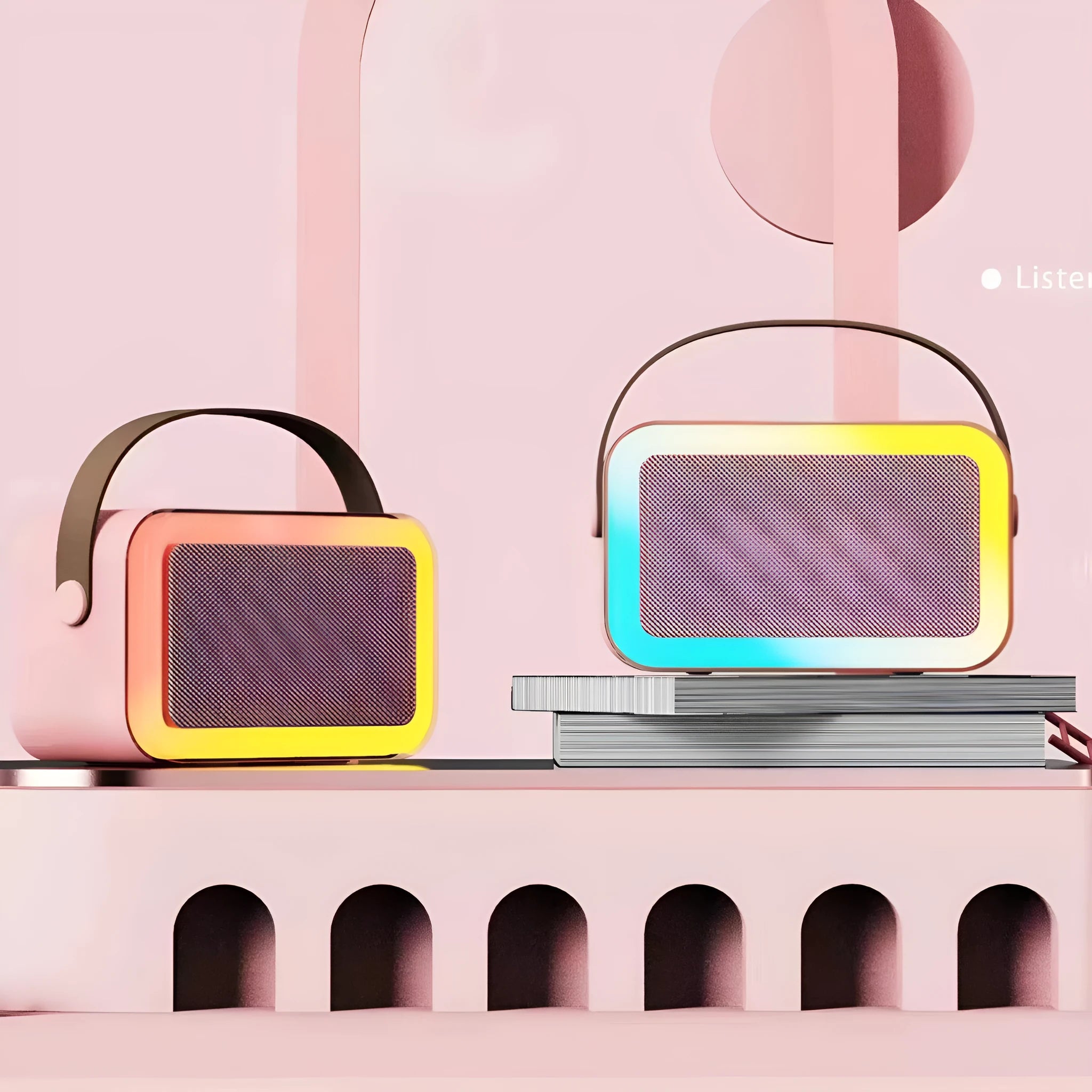 Portable Bluetooth speaker microphone with coloured LED lights in pink, white or sky blue colour options