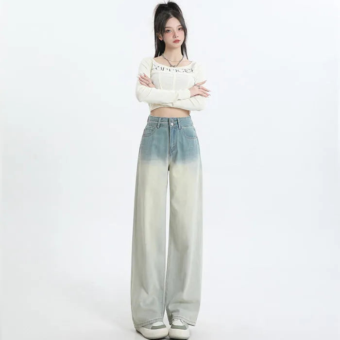 Gradient blue women's denim trousers with straight-leg cut and wider leg opening