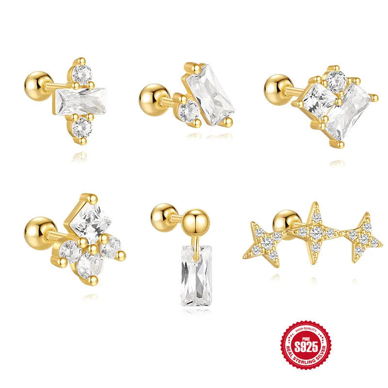 S925 sterling silver square gravel stud earring with red centre and gold plating