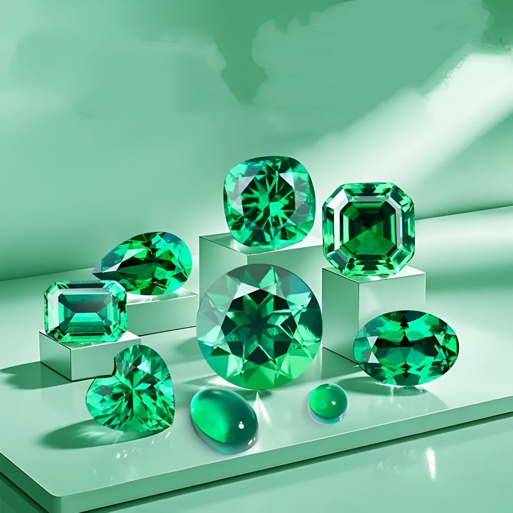 Columbia green synthetic emerald loose gemstone in round and rectangular emerald cut shapes