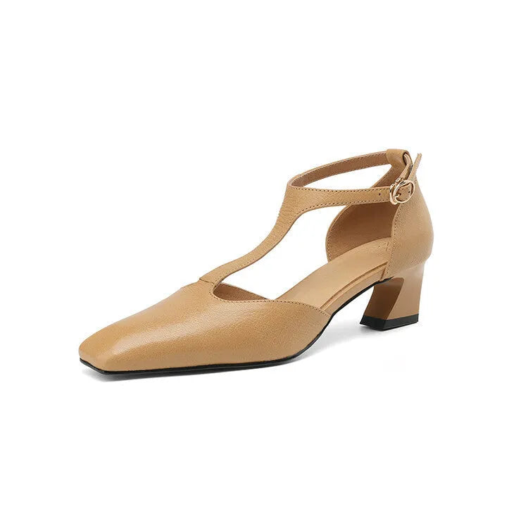 French retro square toe chunky heel shoes in wine red sheepskin leather with buckle fastening