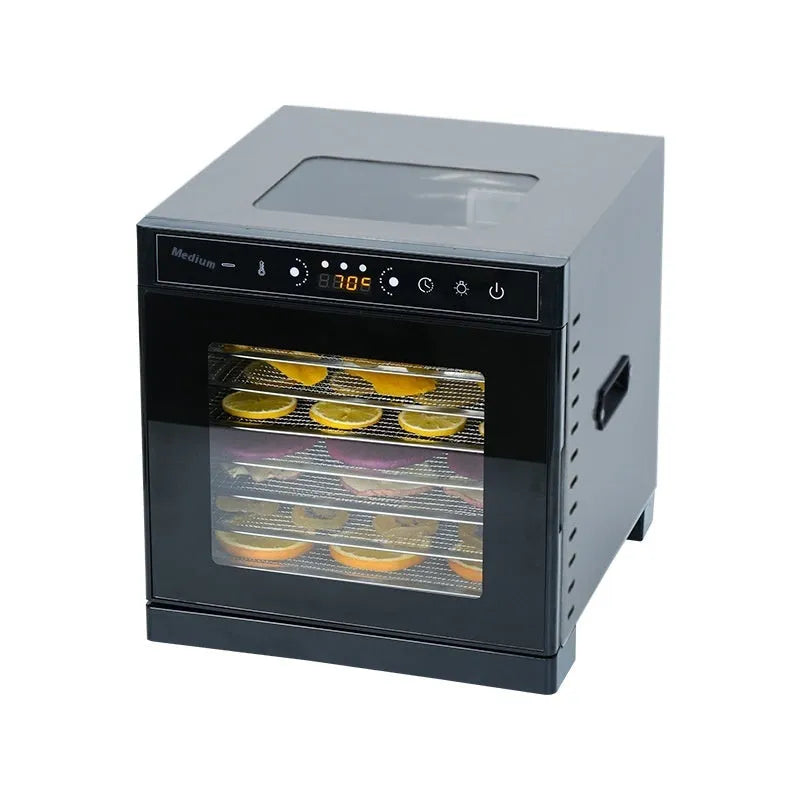 Stainless steel fruit dehydrator with LED control panel showing temperature settings and multiple drying trays