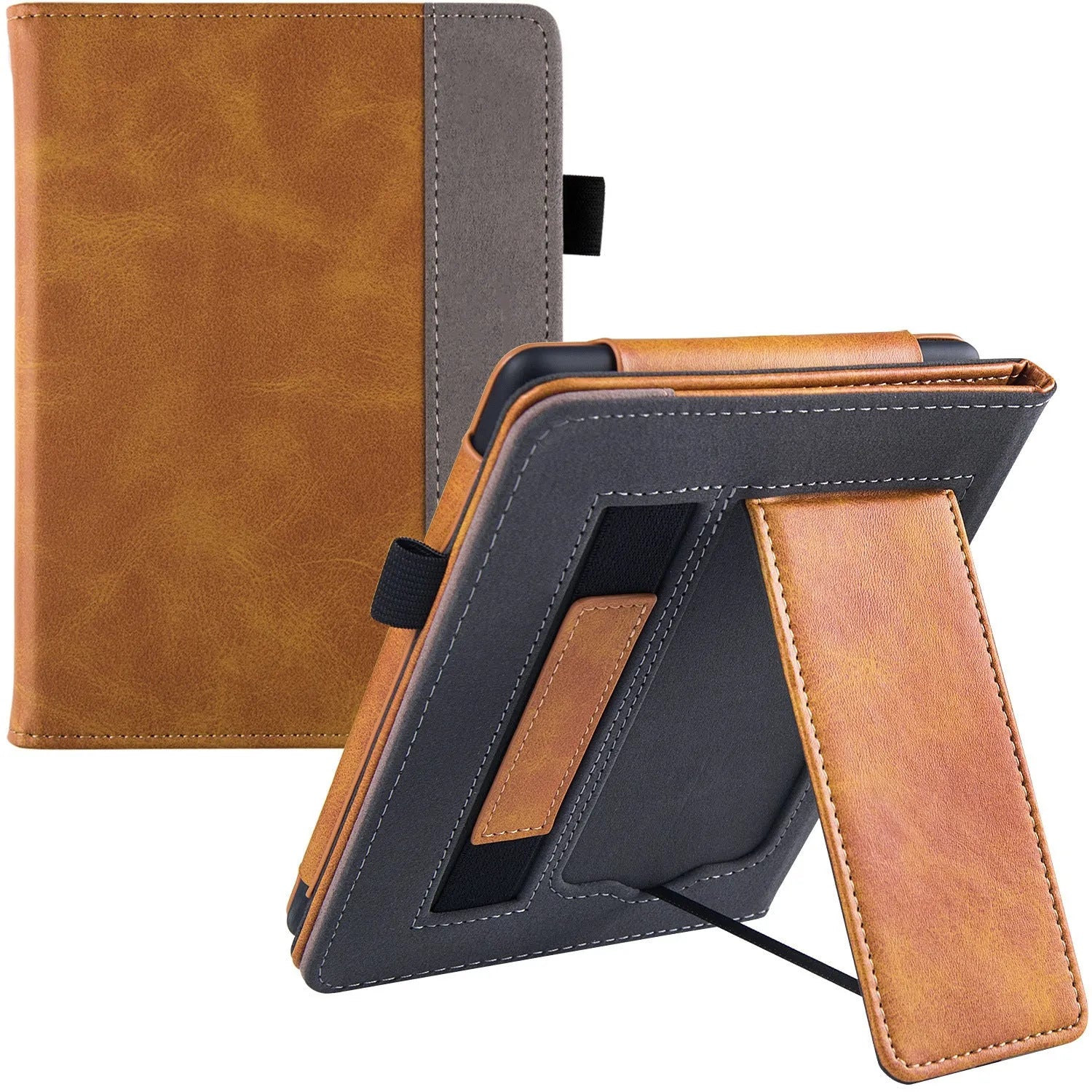 Kindle Paperwhite 5 leather case showing hand strap bracket and magnetic closure in a choice of colours and designs.