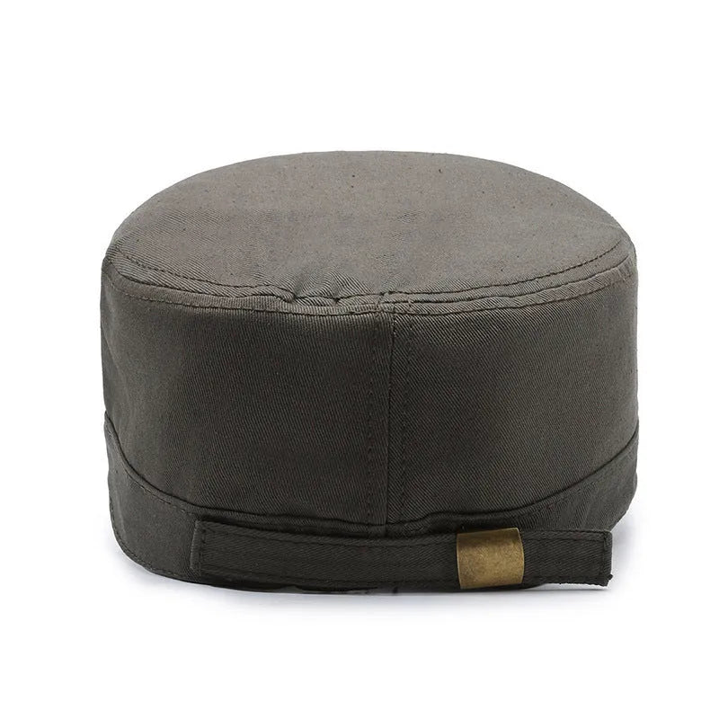 Men's adjustable cotton flat-top peaked cap in multiple colours showing dome crown and peak design
