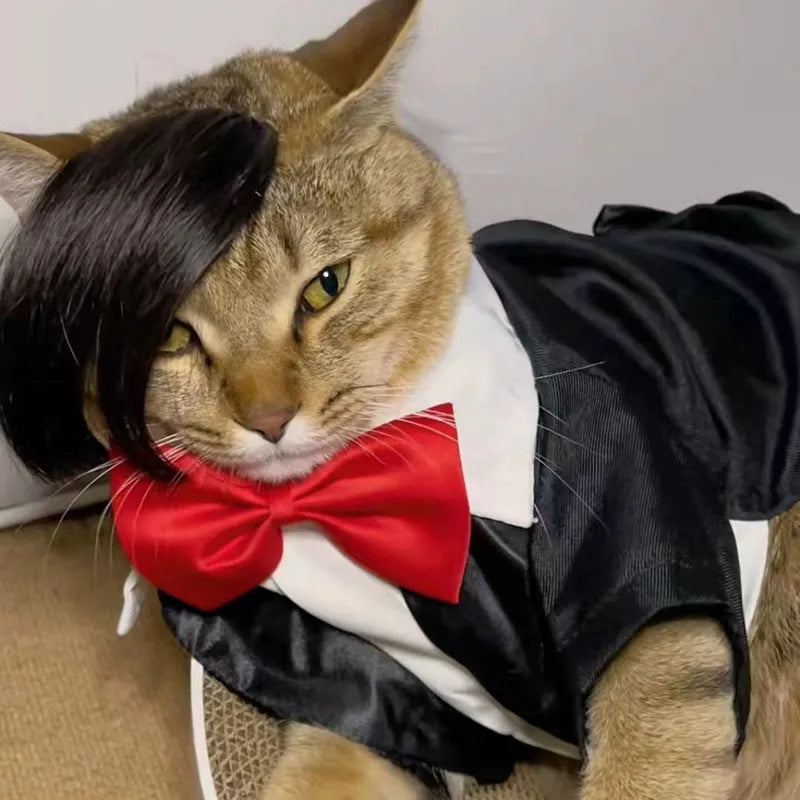 Black polyester fox-style imitation braid wig for cats on a white background