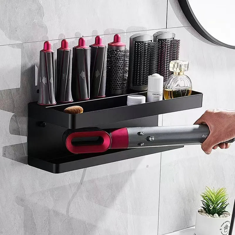 White punch-free Marcel waver shaped bathroom storage rack with two aluminium tiers for hair curler organisation