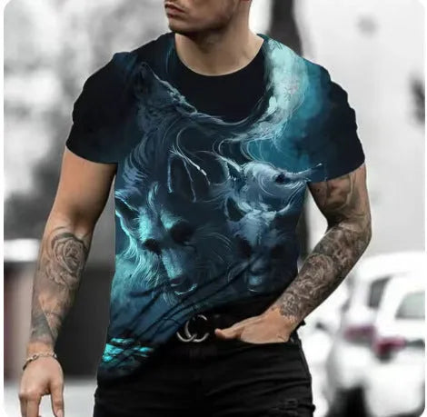Retro 3D animal print men's short-sleeved T-shirt in bird eye cloth fabric