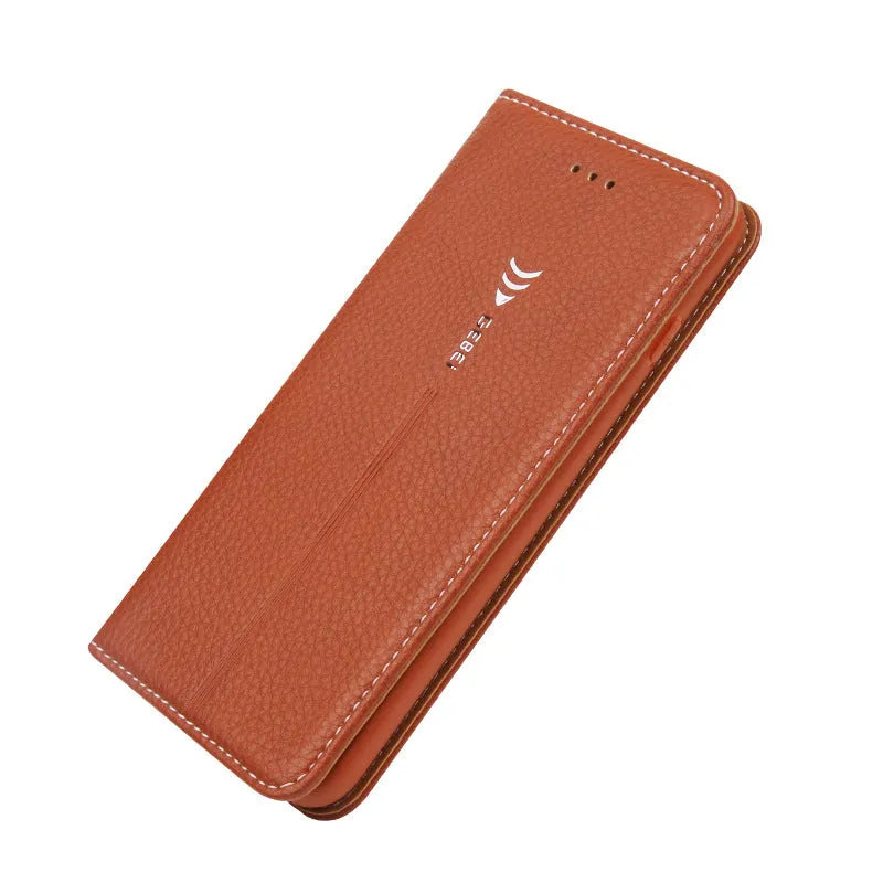 Black PU leather wallet case for iPhone showing card slots