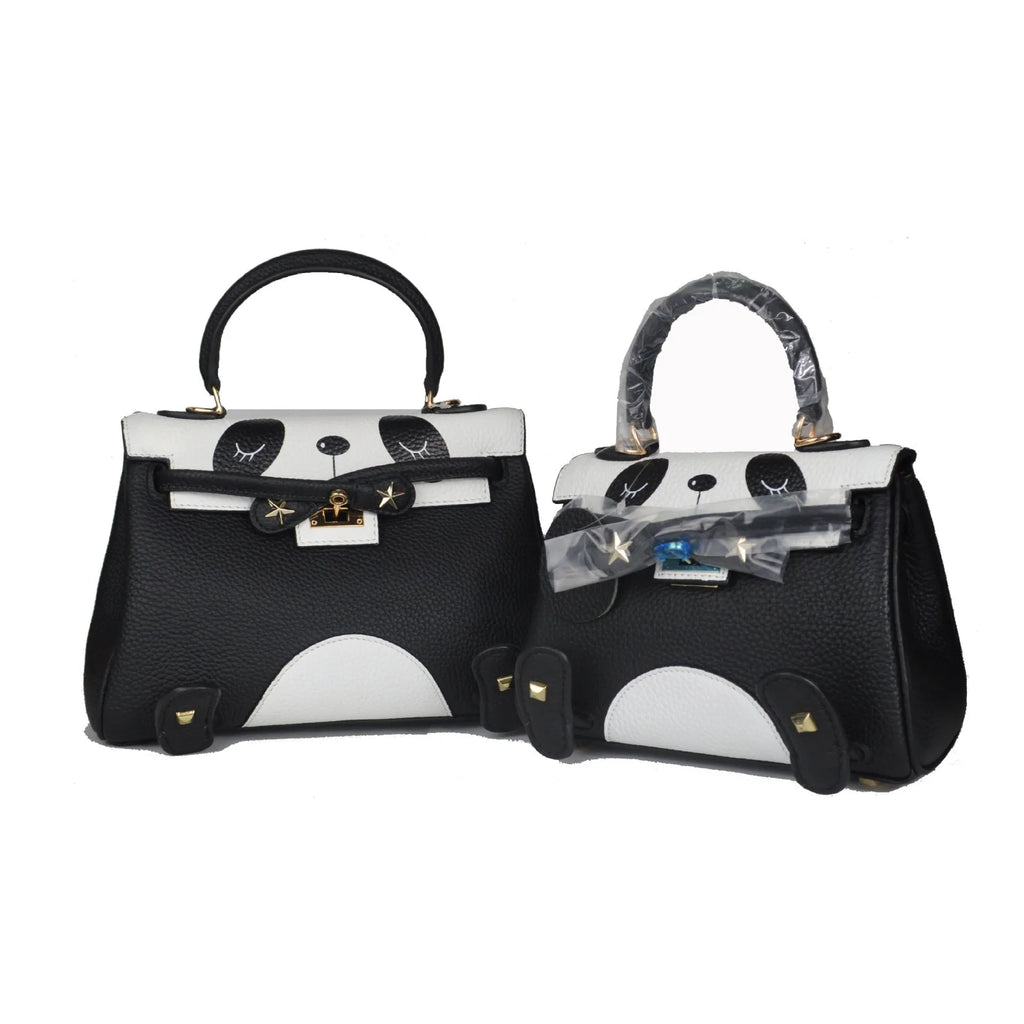 Cow leather panda handbag with animal print pattern in horizontal square design showing printing details