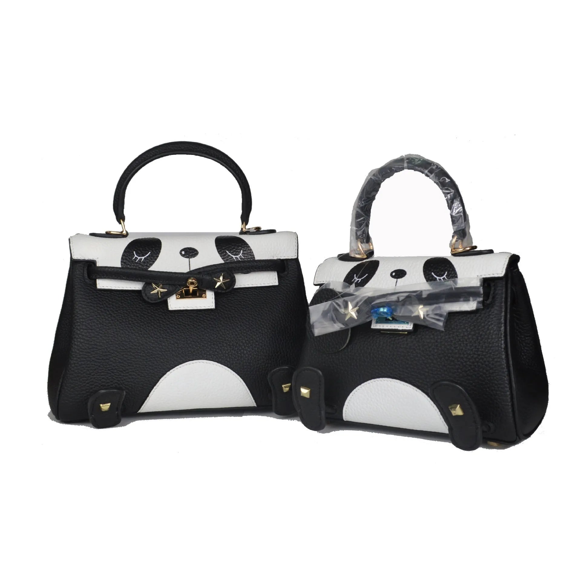 Cow leather panda handbag with animal print pattern in horizontal square design showing printing details