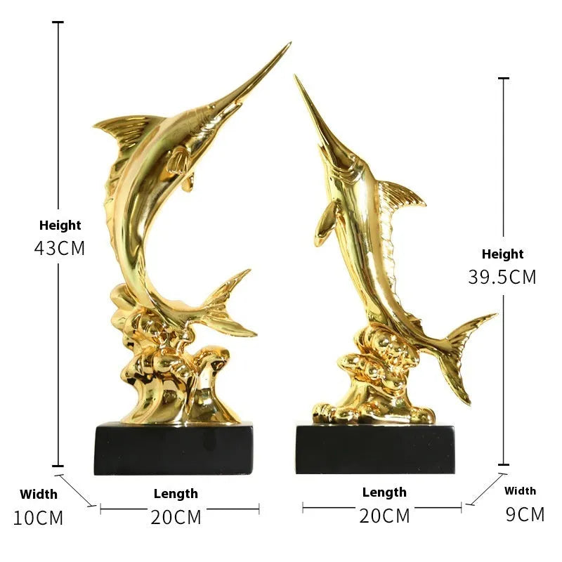 European style decorative resin swordfish ornament in Ocean Green, Lake Blue, Coral Red or Bright Gold.